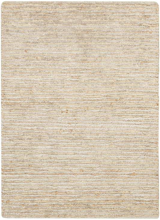 Beige neutral area rug with cream stripes and a soft looped pile.