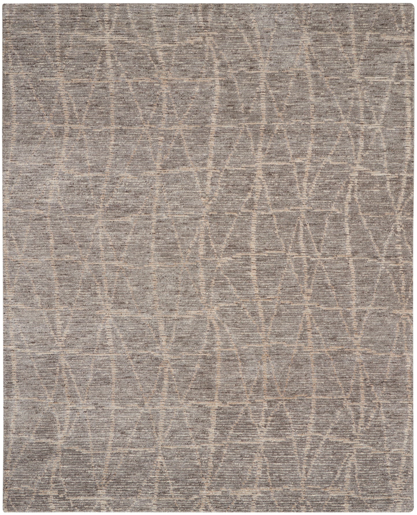 Neutral gray flat-weave rug with beige curved-line geometric pattern; modern, low-pile living room rug.