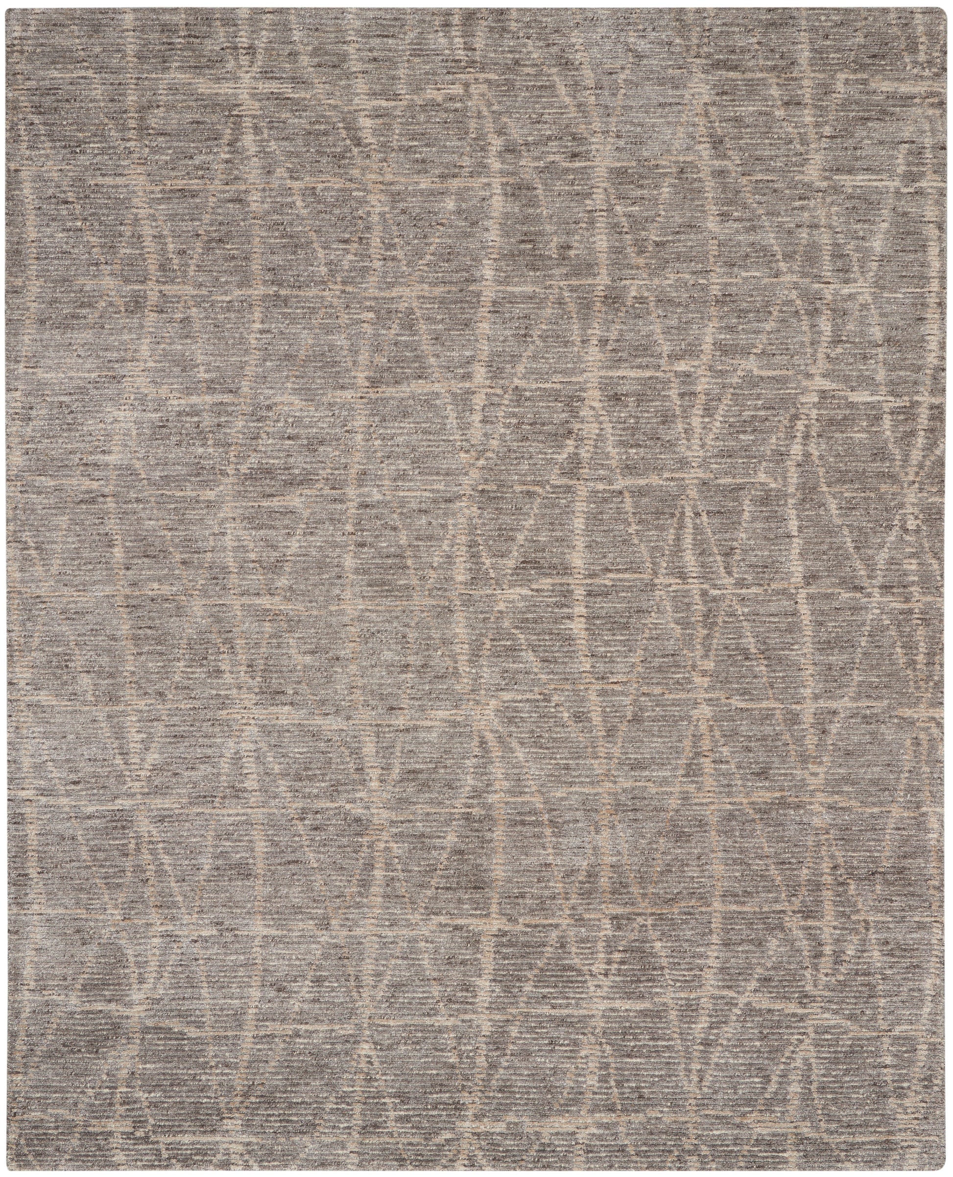 Neutral gray flat-weave rug with beige curved-line geometric pattern; modern, low-pile living room rug.