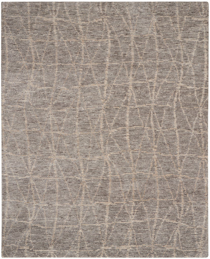Neutral gray flat-weave rug with beige curved-line geometric pattern; modern, low-pile living room rug.