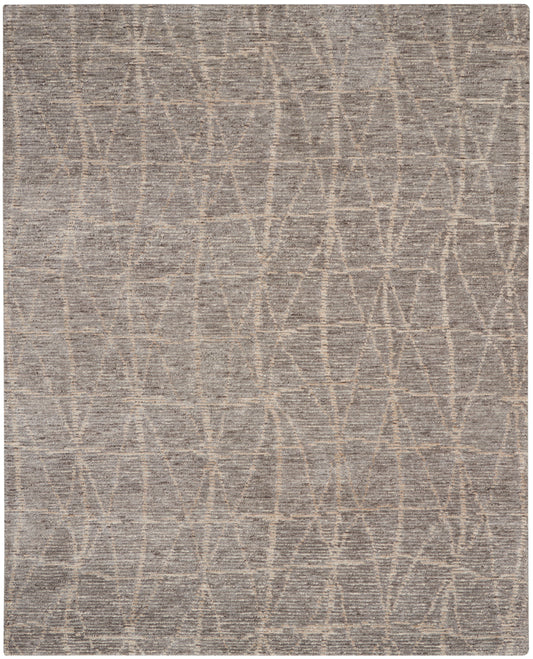 Neutral gray flat-weave rug with beige curved-line geometric pattern; modern, low-pile living room rug.