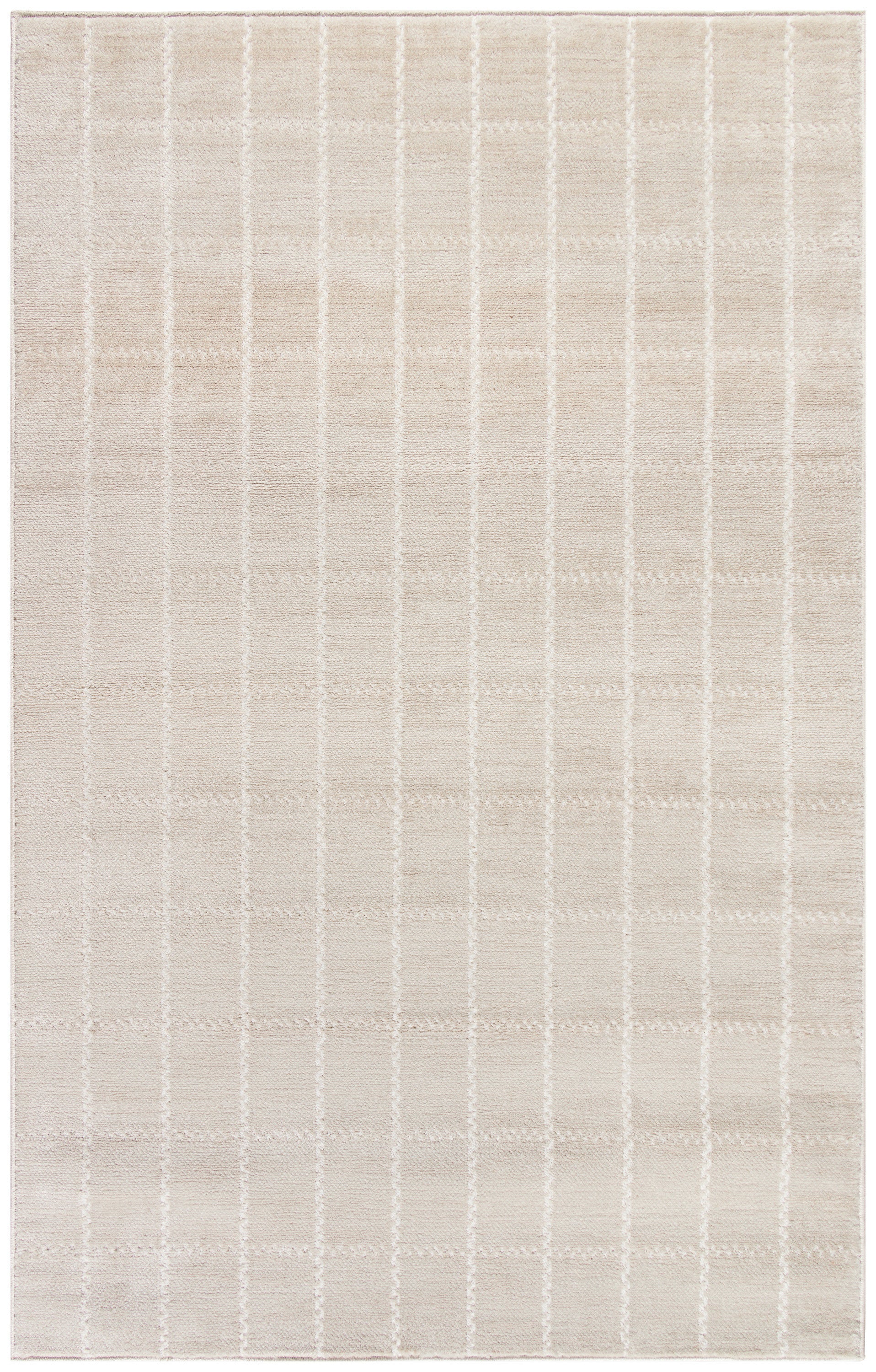 Beige rug with pale white grid lines forming squares; soft plush texture.