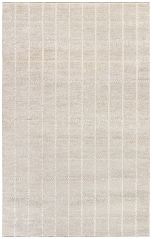 Beige rug with pale white grid lines forming squares; soft plush texture.