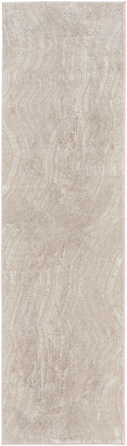 Beige textured runner rug with subtle cream marbled pattern; soft pile, long rectangular rug for hallways or entryways.