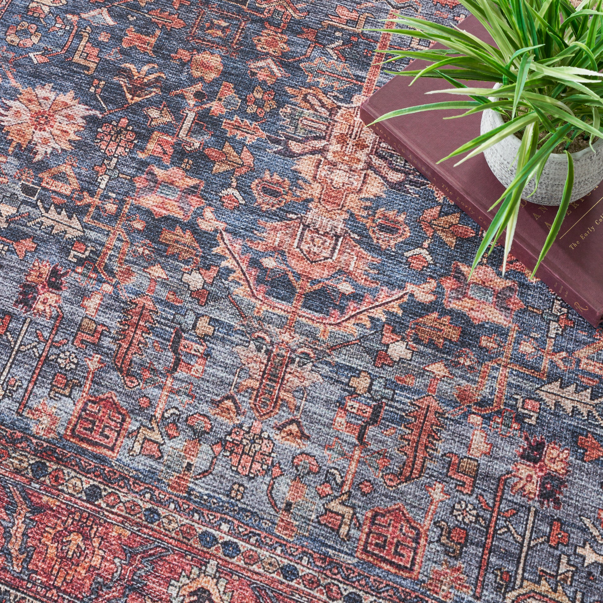 Blue and rust Persian-style rug with intricate geometric motifs, styled with a potted plant and a book for decor.