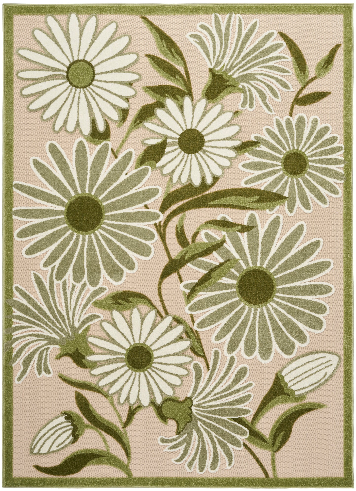 Rectangular rug with large white daisies, green centers and leaves on a pale pink background, bordered in green