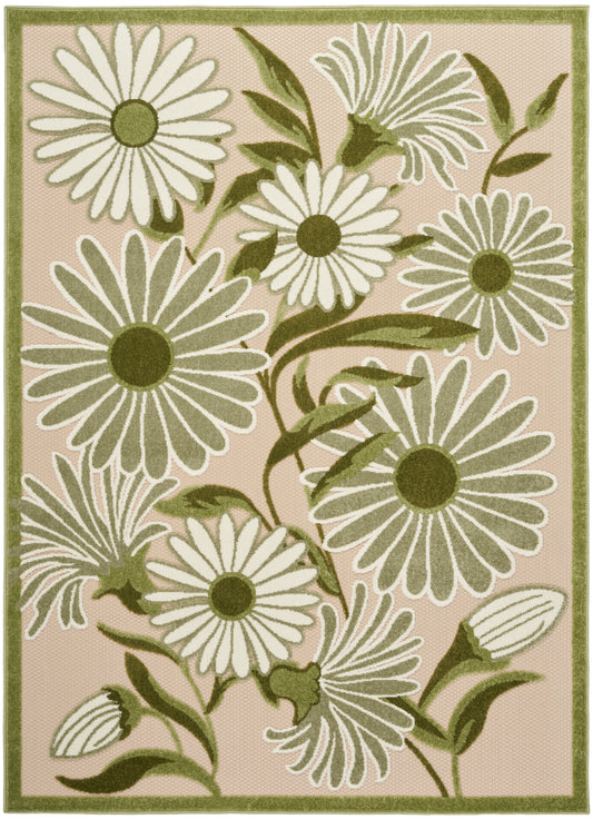 Rectangular rug with large white daisies, green centers and leaves on a pale pink background, bordered in green