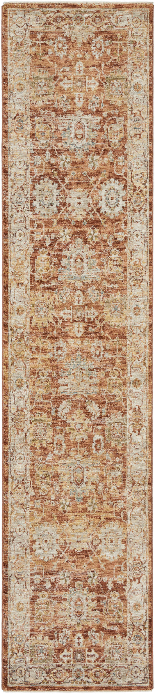 Long runner rug in warm orange-brown with ivory faded border and floral oriental motifs, blue accents.