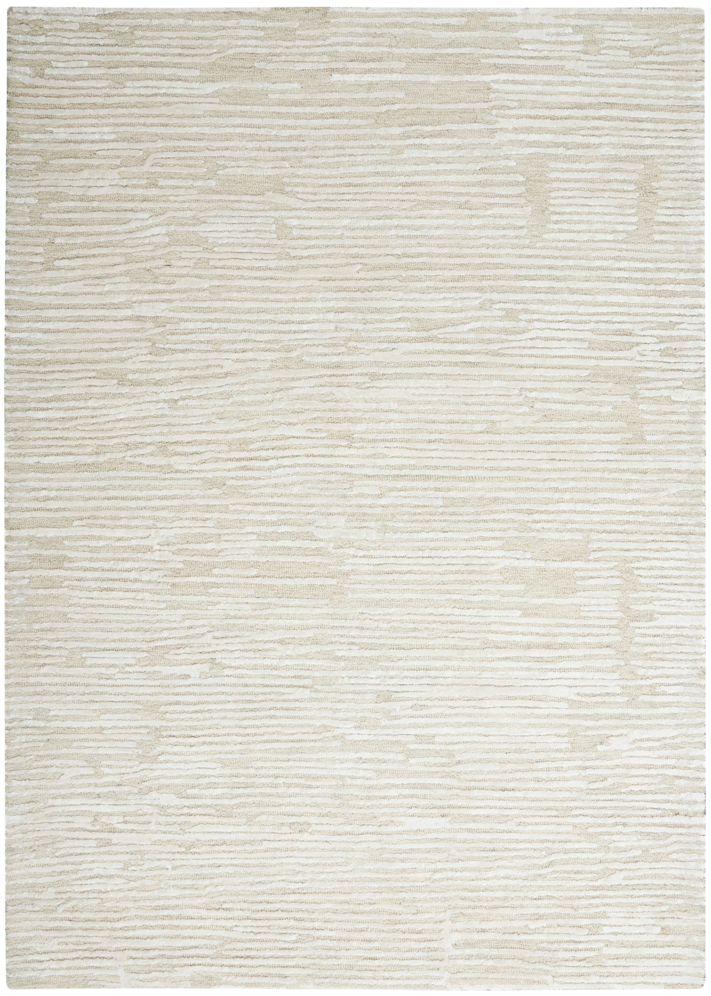 Cream beige area rug with subtle irregular horizontal tan lines and soft texture.