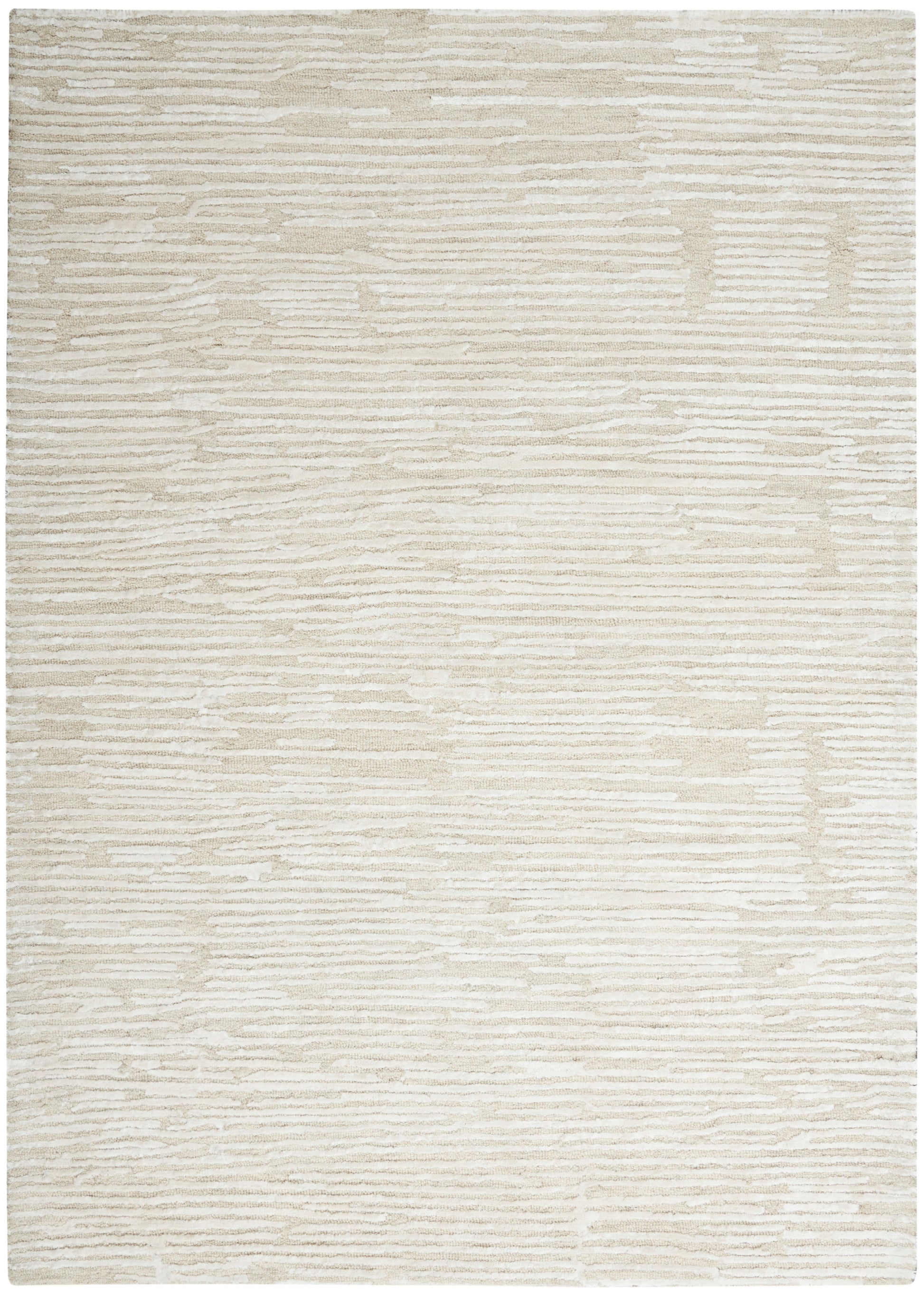 Cream beige area rug with subtle irregular horizontal tan lines and soft texture.