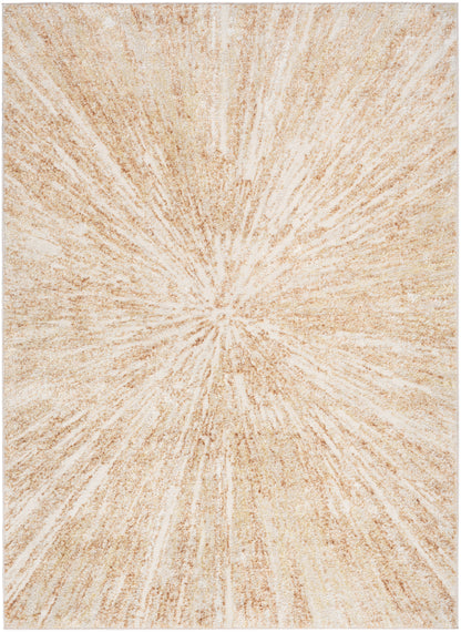 Rectangular beige rug with a cream-and-tan sunburst radiating pattern and soft pile.