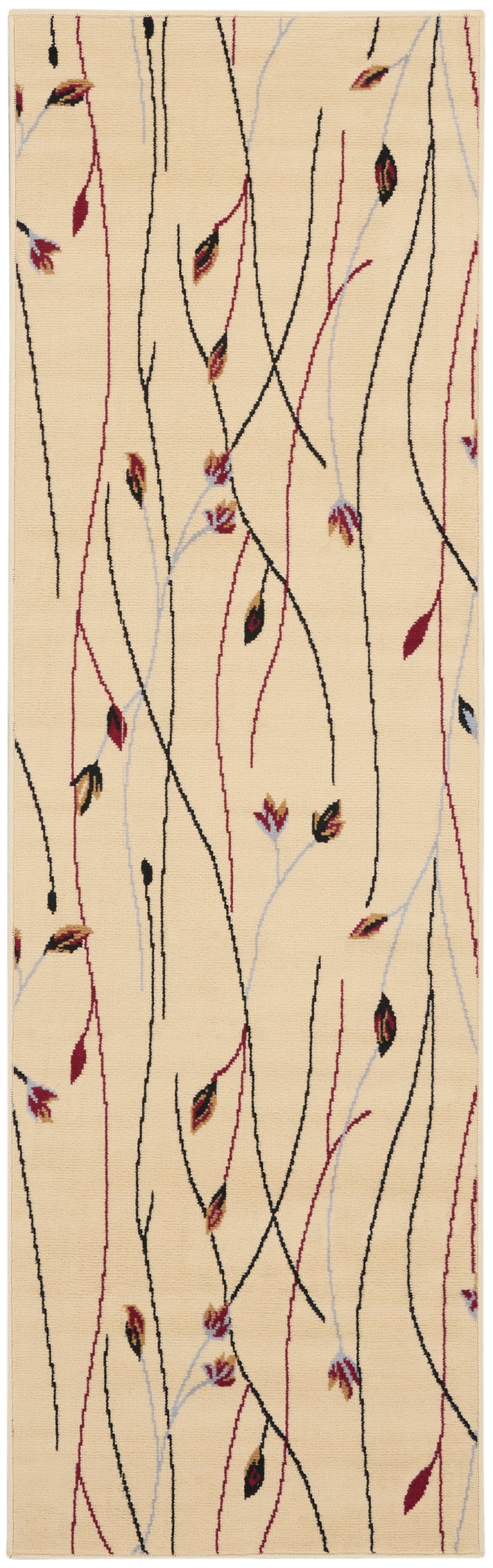 Beige runner rug with black and red wavy stems and small leaf accents, abstract botanical motif.