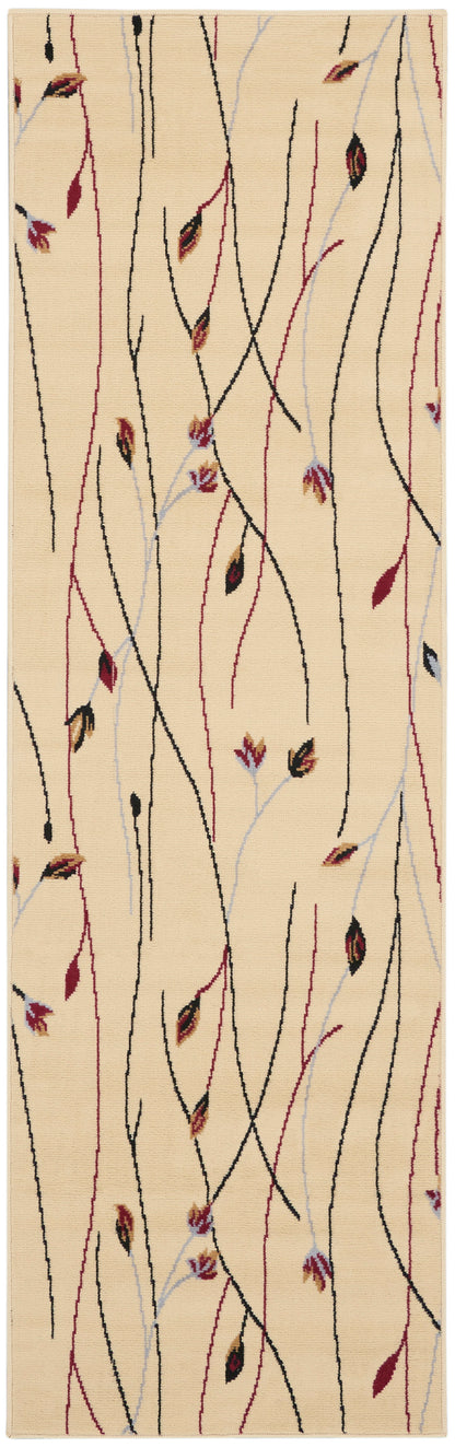 Beige runner rug with black and red wavy stems and small leaf accents, abstract botanical motif.