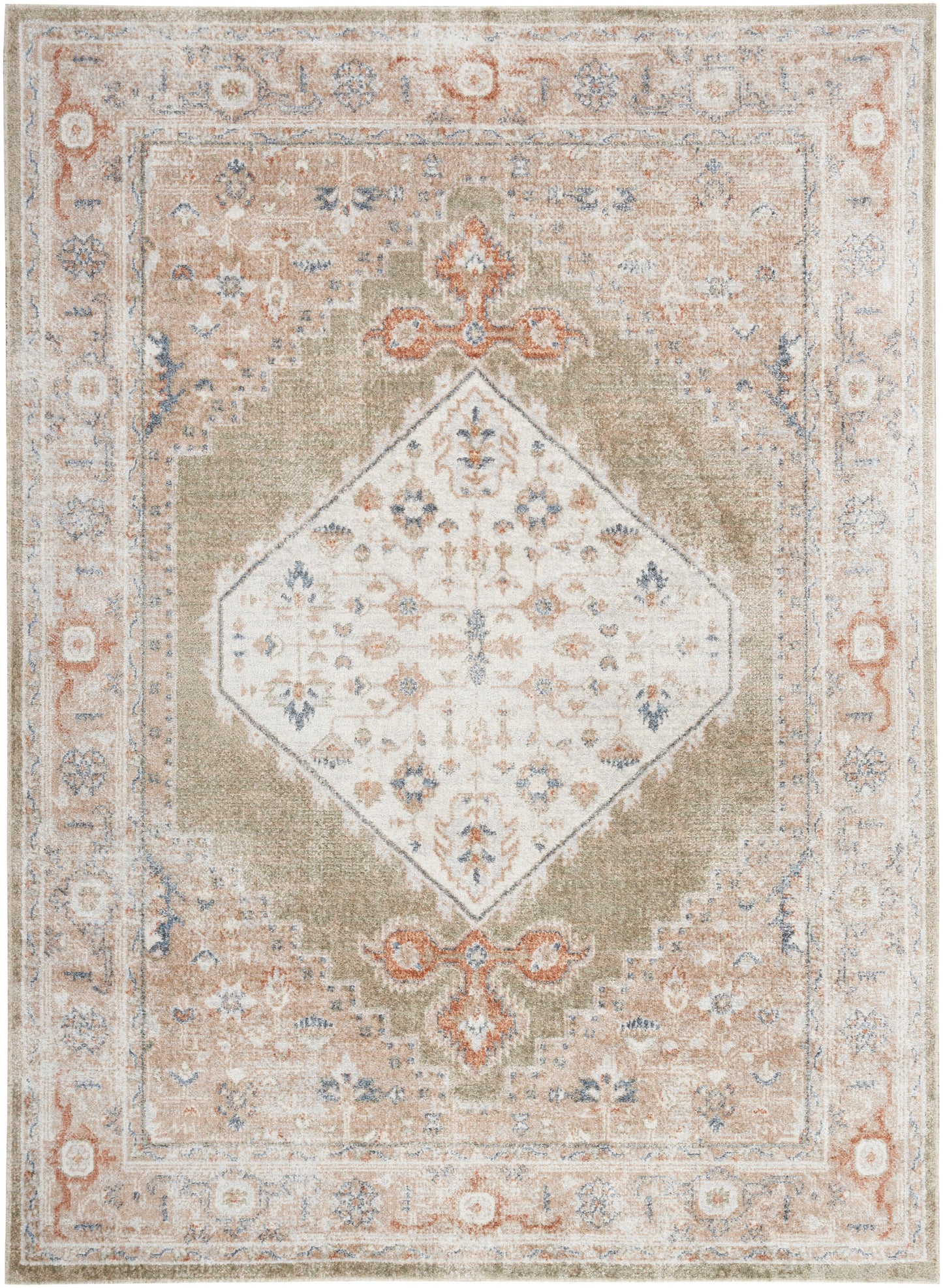 Traditional woven oriental rug with ivory diamond medallion, beige field, blue and peach accents, vintage distressed look.
