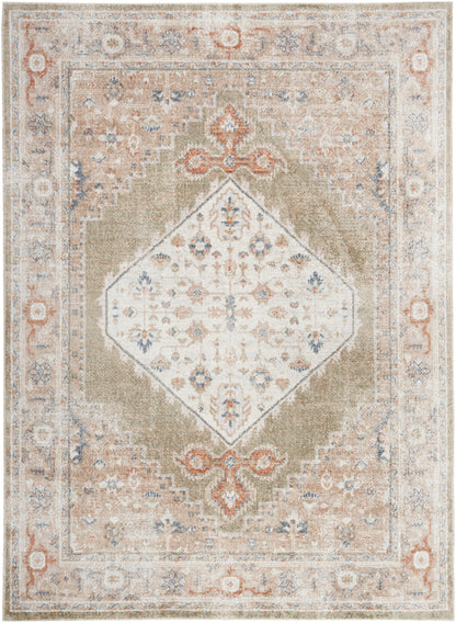 Traditional woven oriental rug with ivory diamond medallion, beige field, blue and peach accents, vintage distressed look.