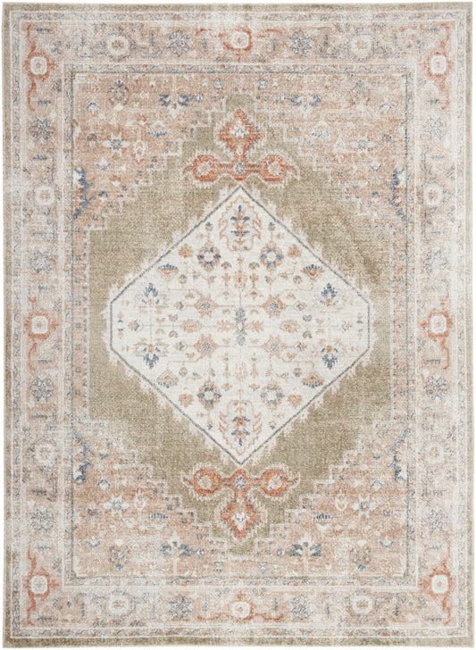 Traditional woven oriental rug with ivory diamond medallion, beige field, blue and peach accents, vintage distressed look.