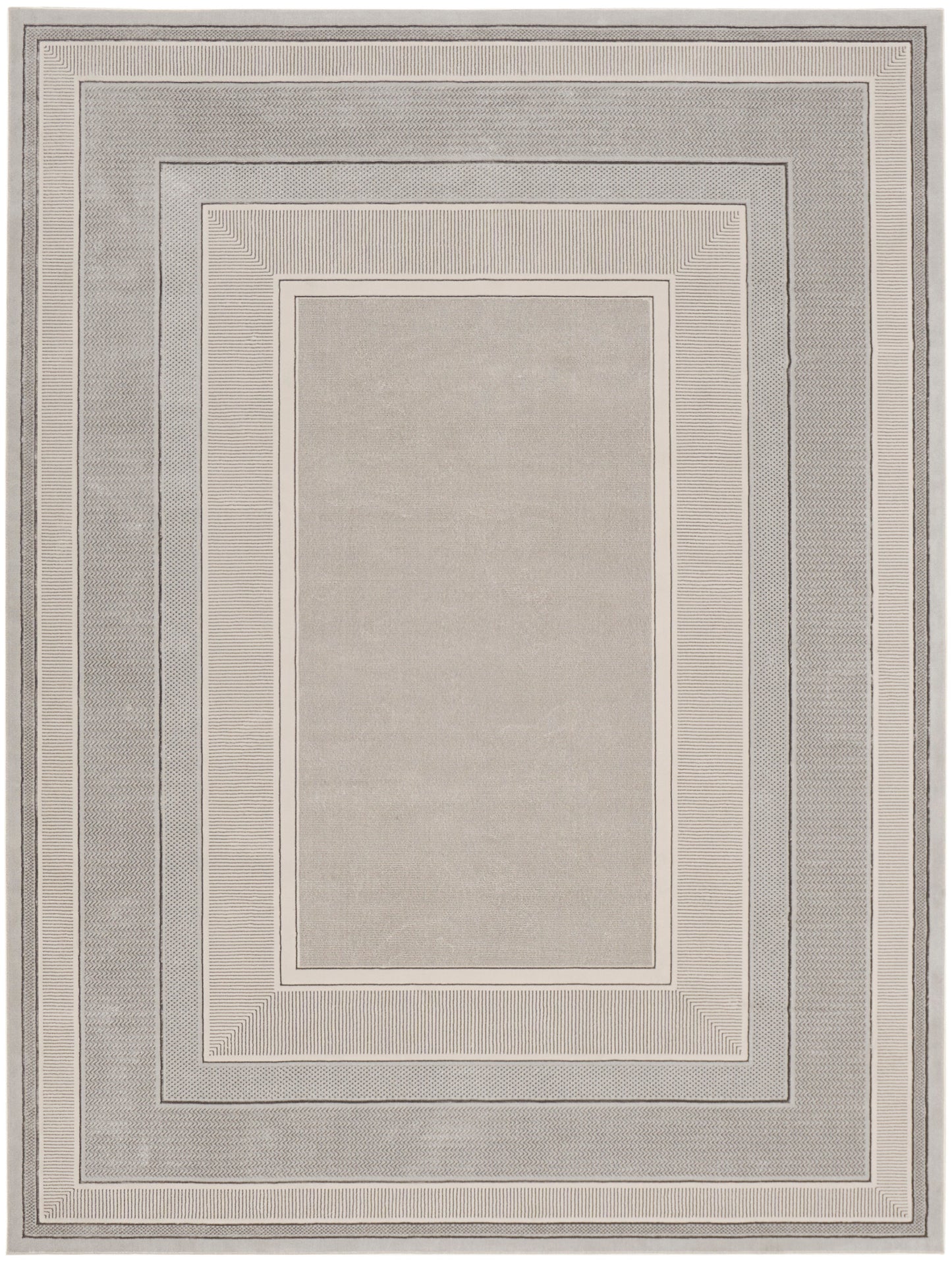 Neutral-toned rectangular area rug with layered framed borders in beige, taupe & light gray.