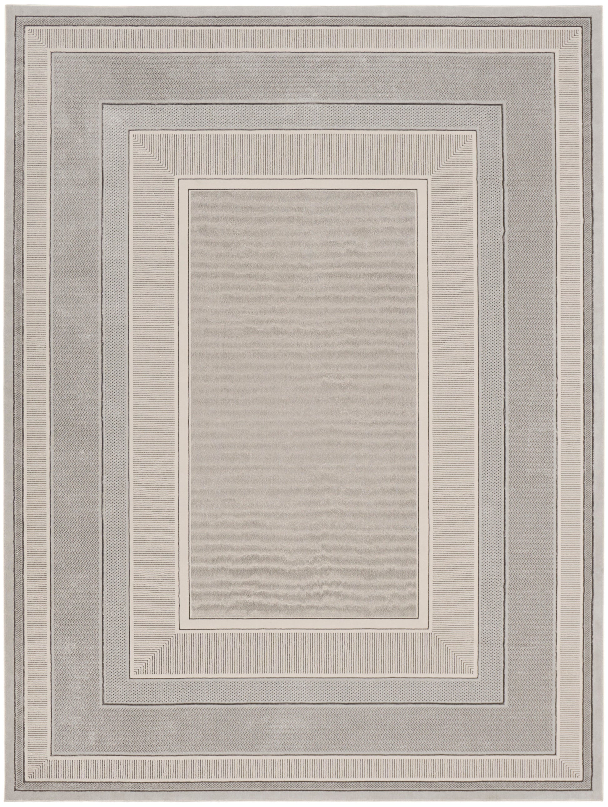 Neutral-toned rectangular area rug with layered framed borders in beige, taupe & light gray.