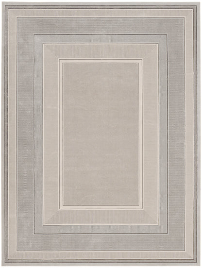 Neutral-toned rectangular area rug with layered framed borders in beige, taupe & light gray.