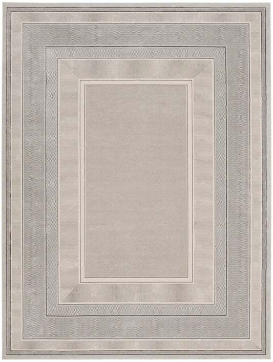 Neutral-toned rectangular area rug with layered framed borders in beige, taupe & light gray.