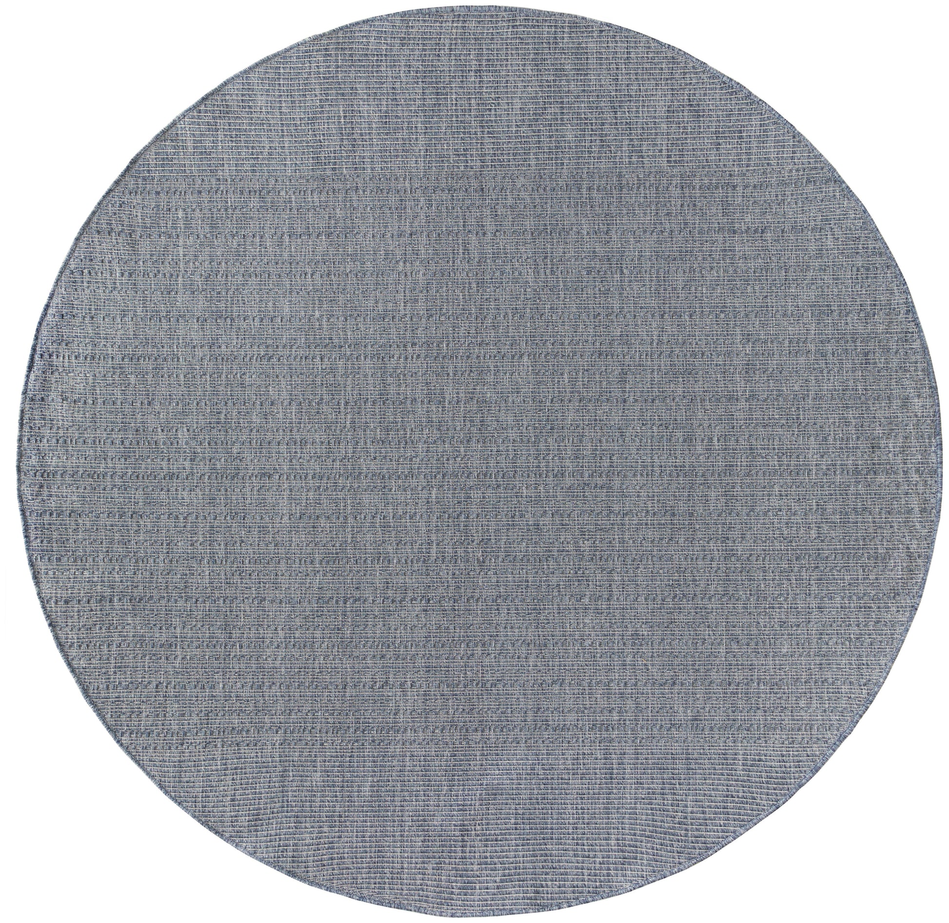 Round blue-gray woven outdoor rug with subtle horizontal stripes and a textured finish.