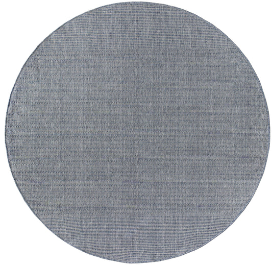 Round blue-gray woven outdoor rug with subtle horizontal stripes and a textured finish.