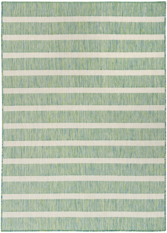 Rectangular woven rug with cream horizontal stripes on a green-blue textured field; casual coastal style.