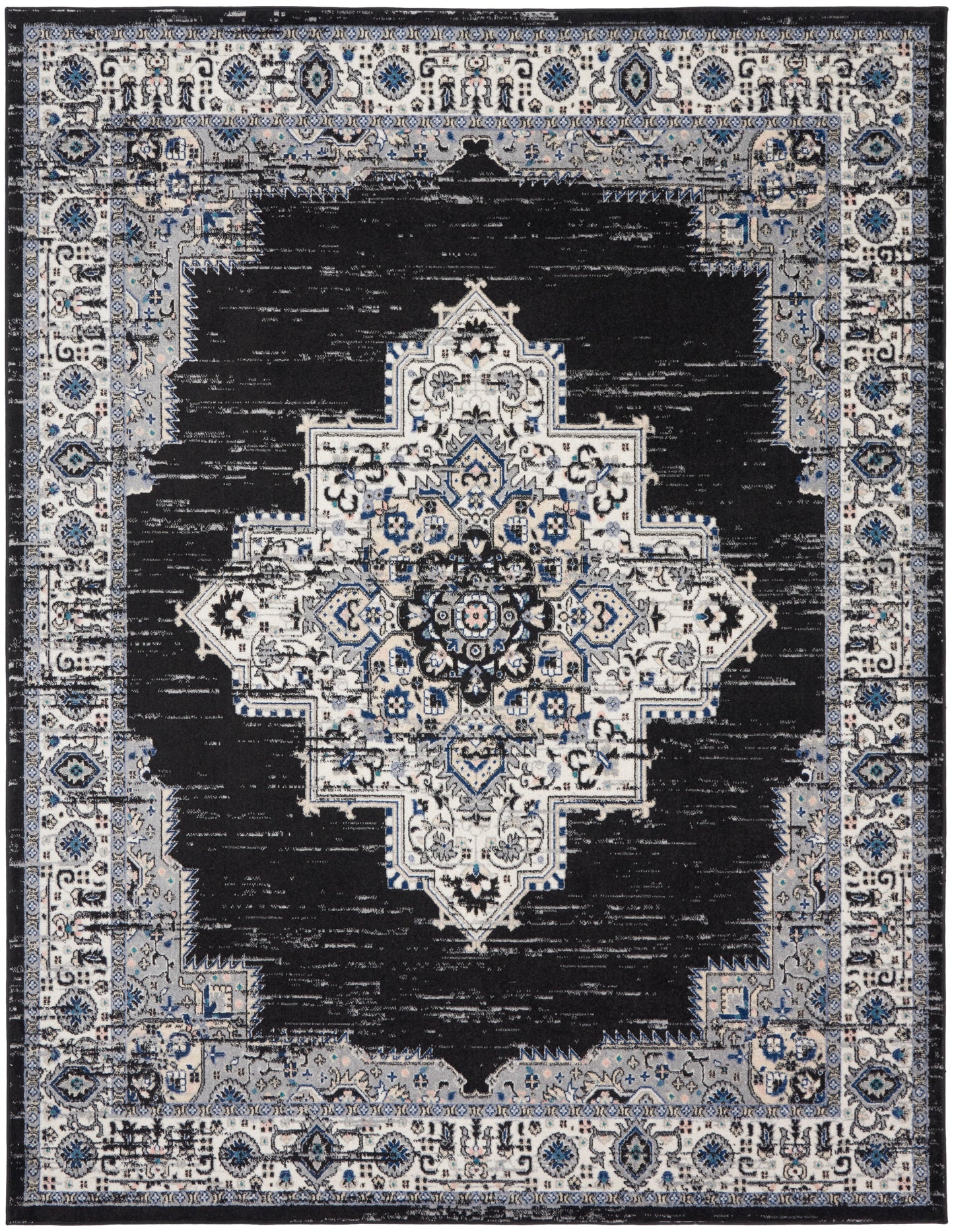 Rectangular oriental rug with distressed black field and ivory-blue central medallion surrounded by blue-gray border.