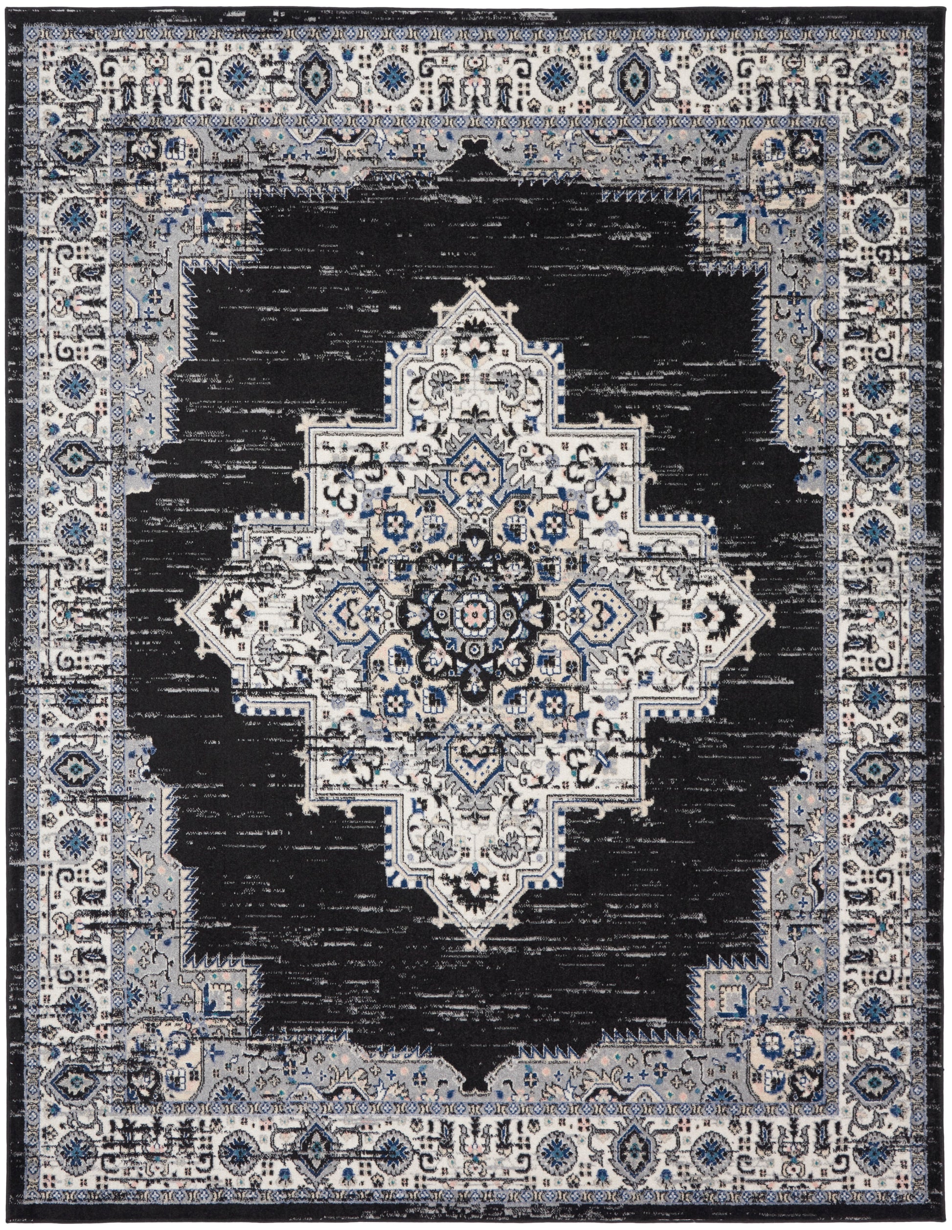 Rectangular oriental rug with distressed black field and ivory-blue central medallion surrounded by blue-gray border.