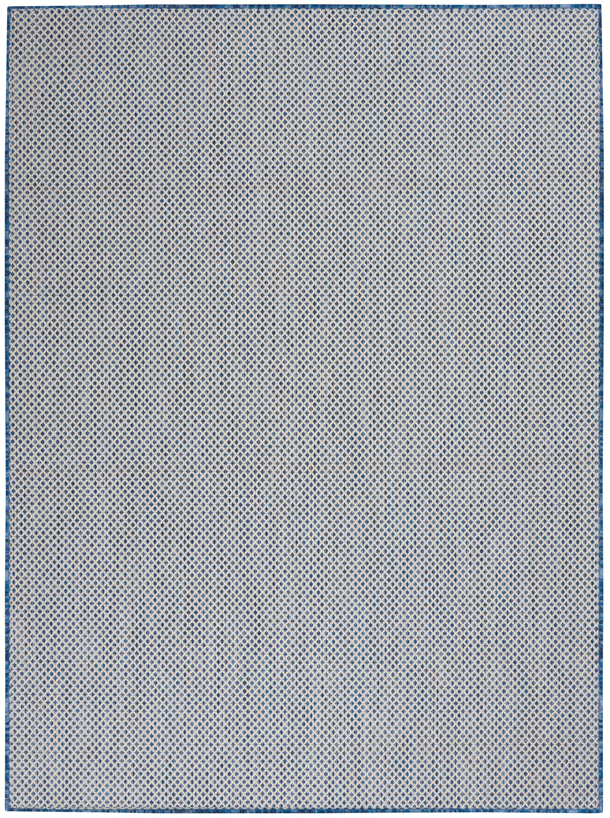 Rectangular blue and white diamond lattice rug with a thin blue border; 6' x 9'.
