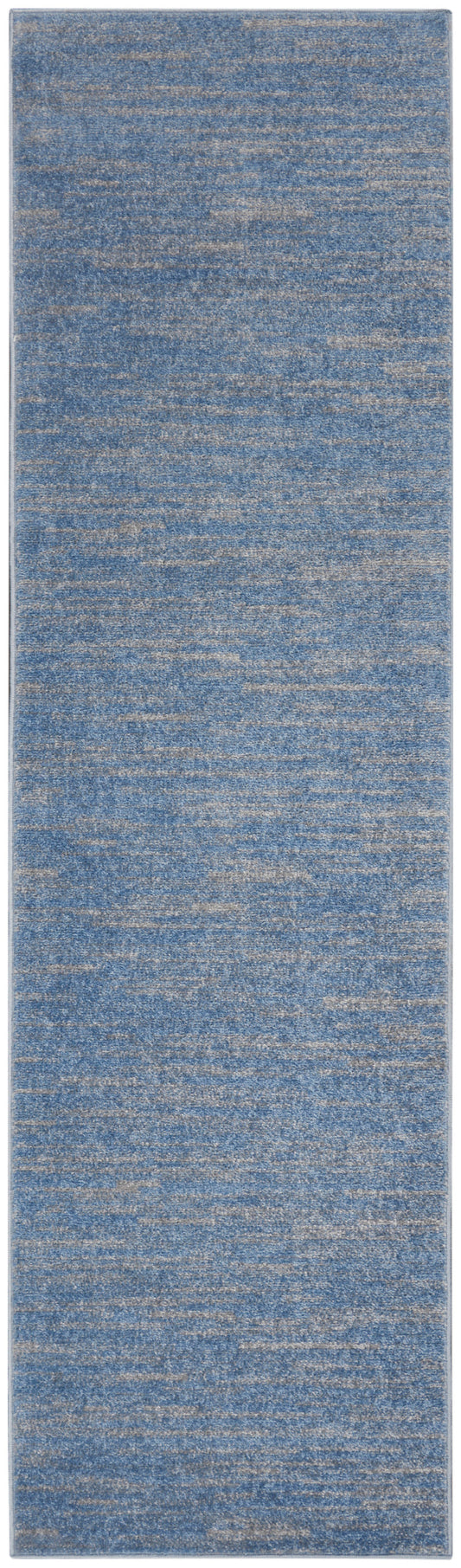 Blue heathered outdoor 8' runner rug with beige flecks; long rectangular rug for hallway or entry.
