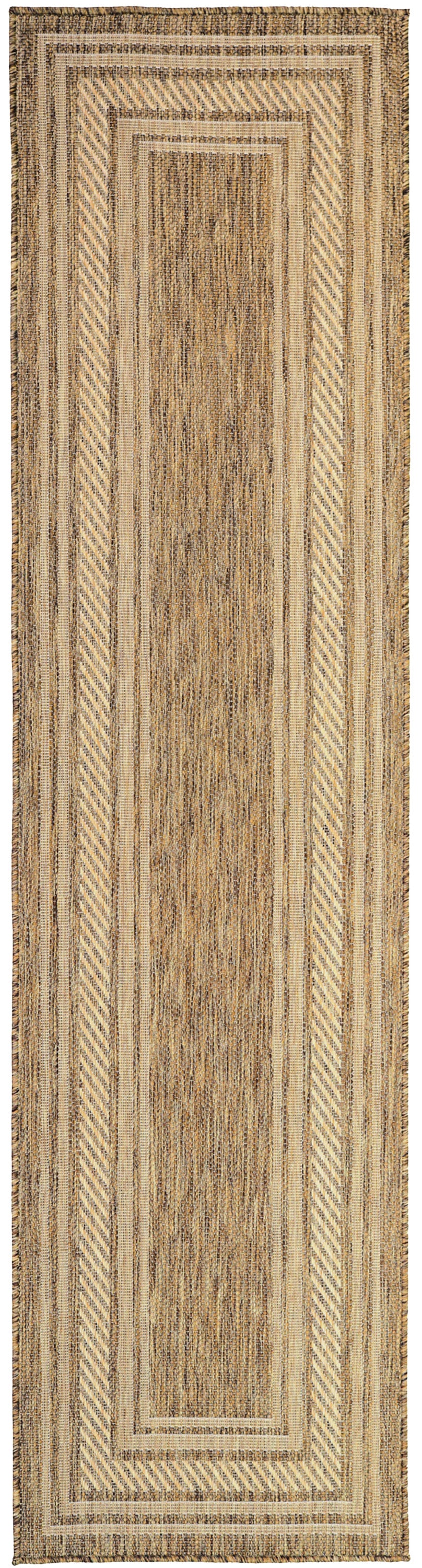 Natural beige/brown jute runner rug with nested rectangular borders and diagonal stripe edging.