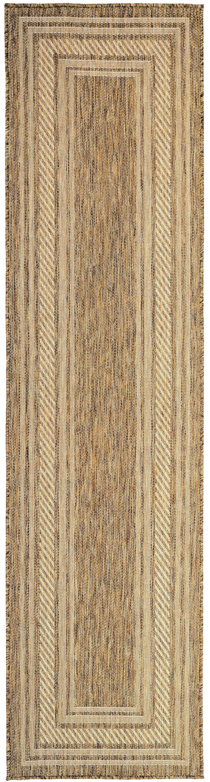 Natural beige/brown jute runner rug with nested rectangular borders and diagonal stripe edging.