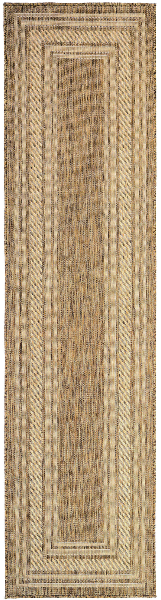 Natural beige/brown jute runner rug with nested rectangular borders and diagonal stripe edging.