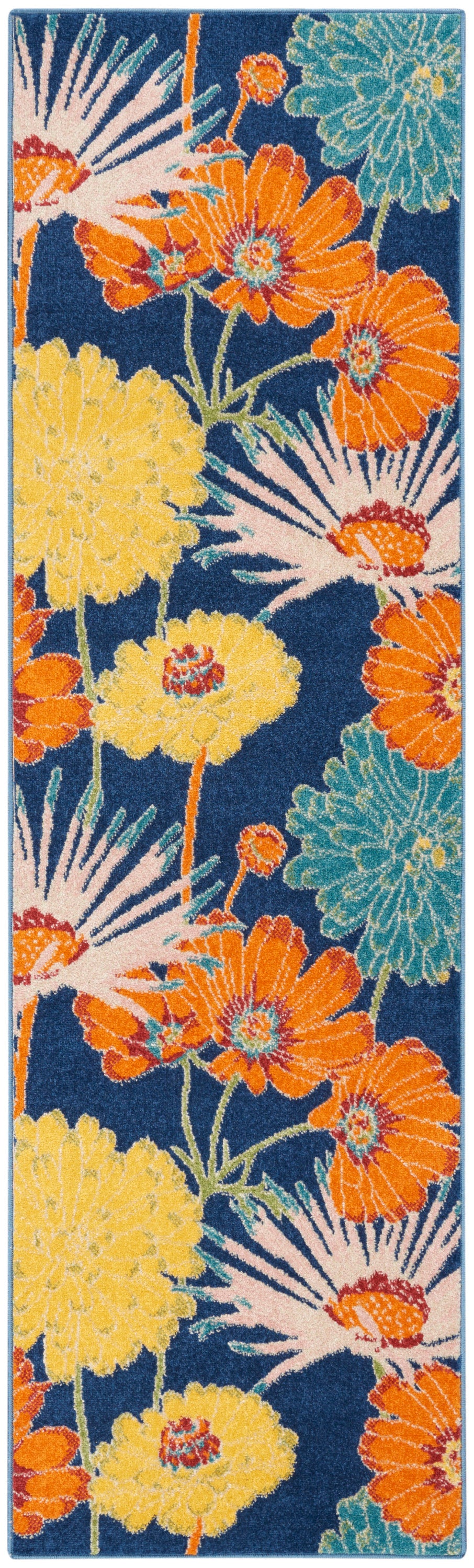 Floral patterned rug runner with orange and yellow blooms on a navy background; teal accents.