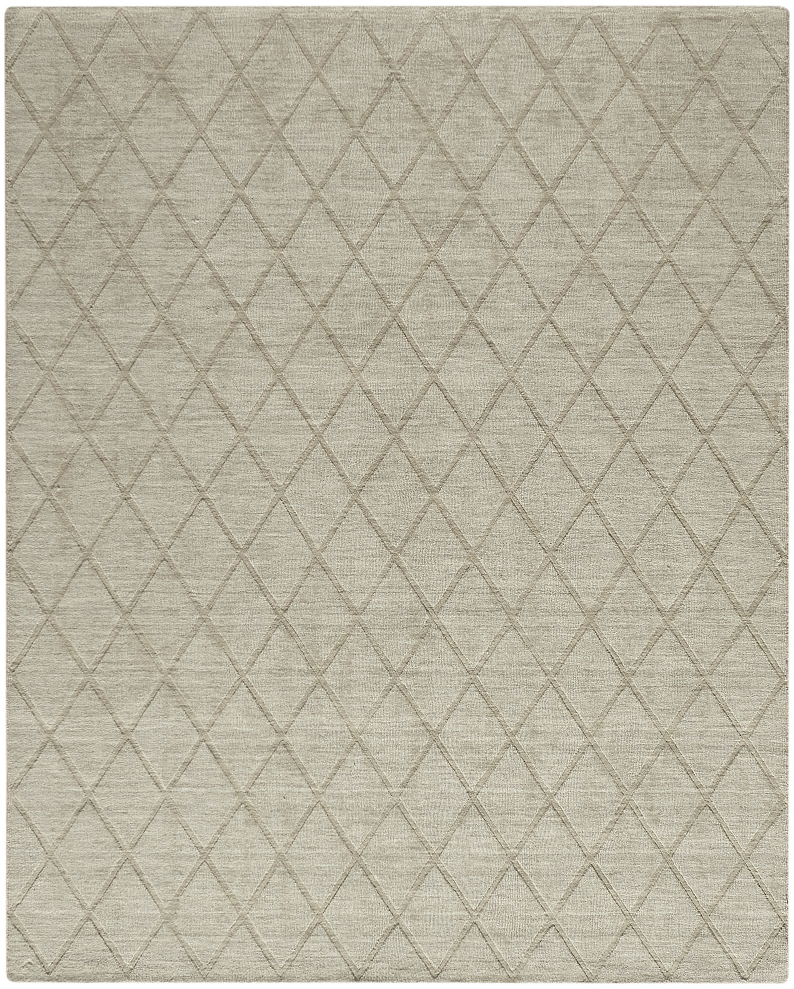 Beige rectangular woven rug with a subtle light taupe diamond lattice pattern, modern geometric style.