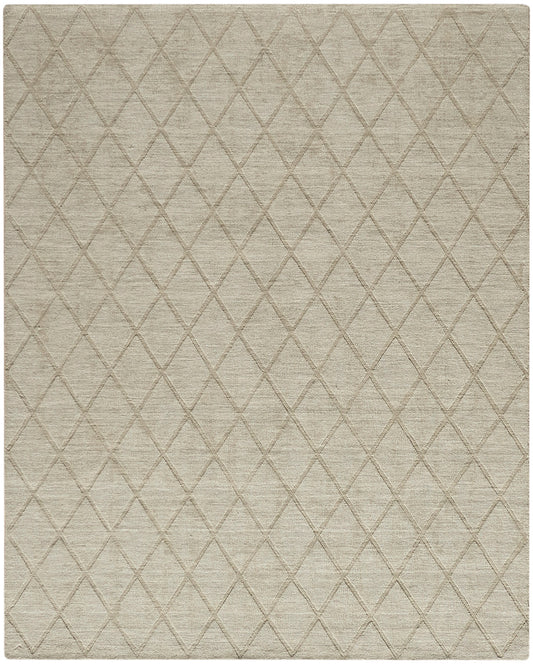 Beige rectangular woven rug with a subtle light taupe diamond lattice pattern, modern geometric style.