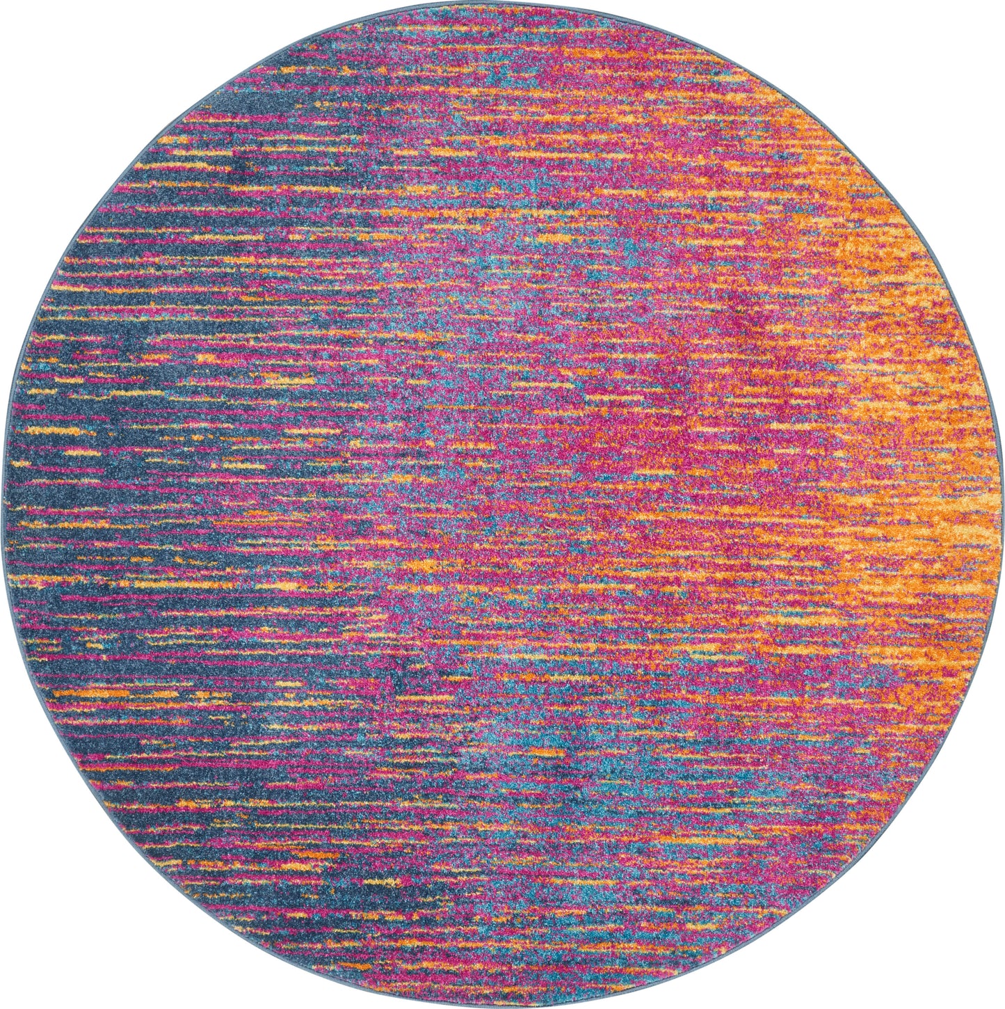 Round rug with vibrant abstract multicolor stripes in teal, pink, orange and purple; textured pattern.
