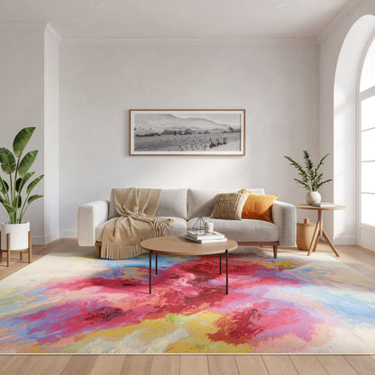 Nourison Color Splash abstract multicolor 8x10 indoor outdoor flatweave rug in ivory, blue, red, orange and green, modern contemporary area rug with easy-care polypropylene polyester blend for living room porch patio décor