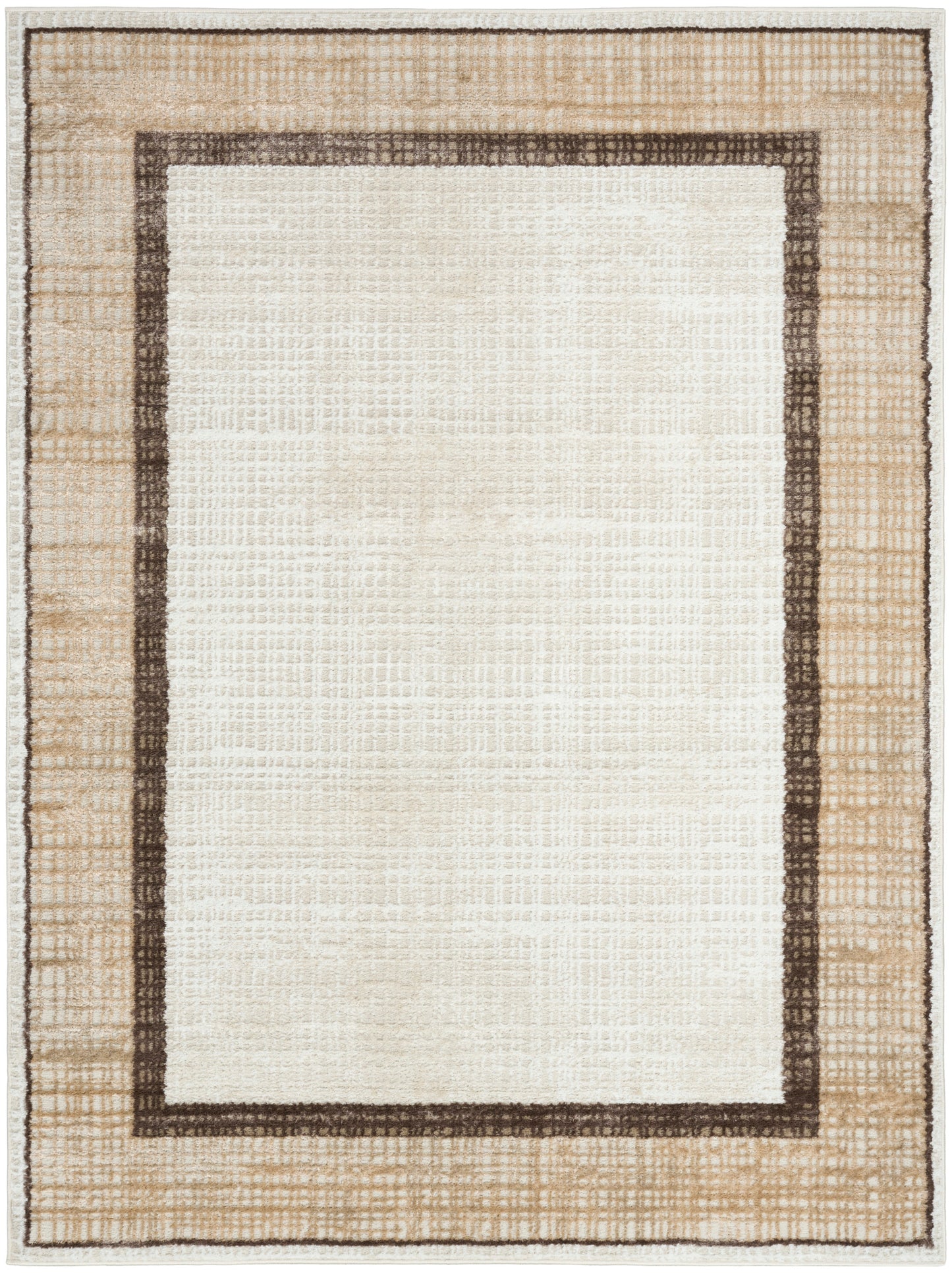 Flat-weave jute rug with cream center, dark brown inner frame & beige outer border; rectangular, casual style.