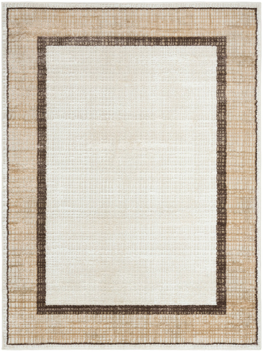 Flat-weave jute rug with cream center, dark brown inner frame & beige outer border; rectangular, casual style.