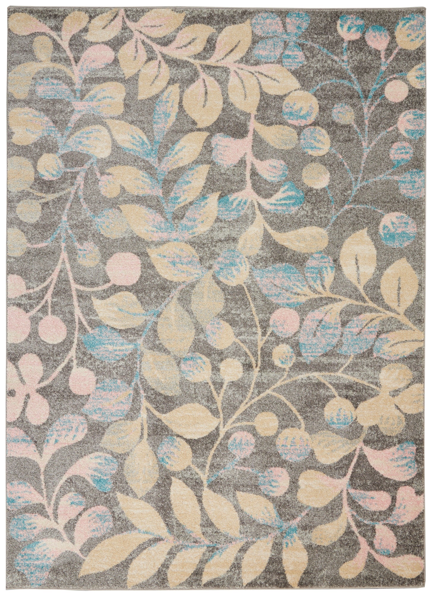 Rectangular area rug with grey backdrop and pastel cream, pink and blue leaves and berries in a botanical pattern.