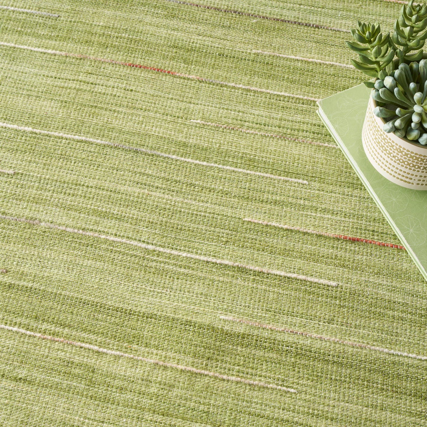 Green woven rug with pale diagonal stripes; succulent in a white pot sits on a green notebook in the corner.