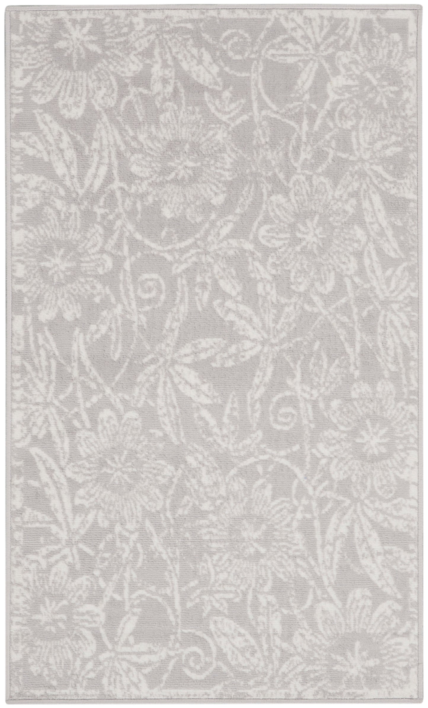 Rectangular gray area rug with white floral damask pattern for classic living room decor