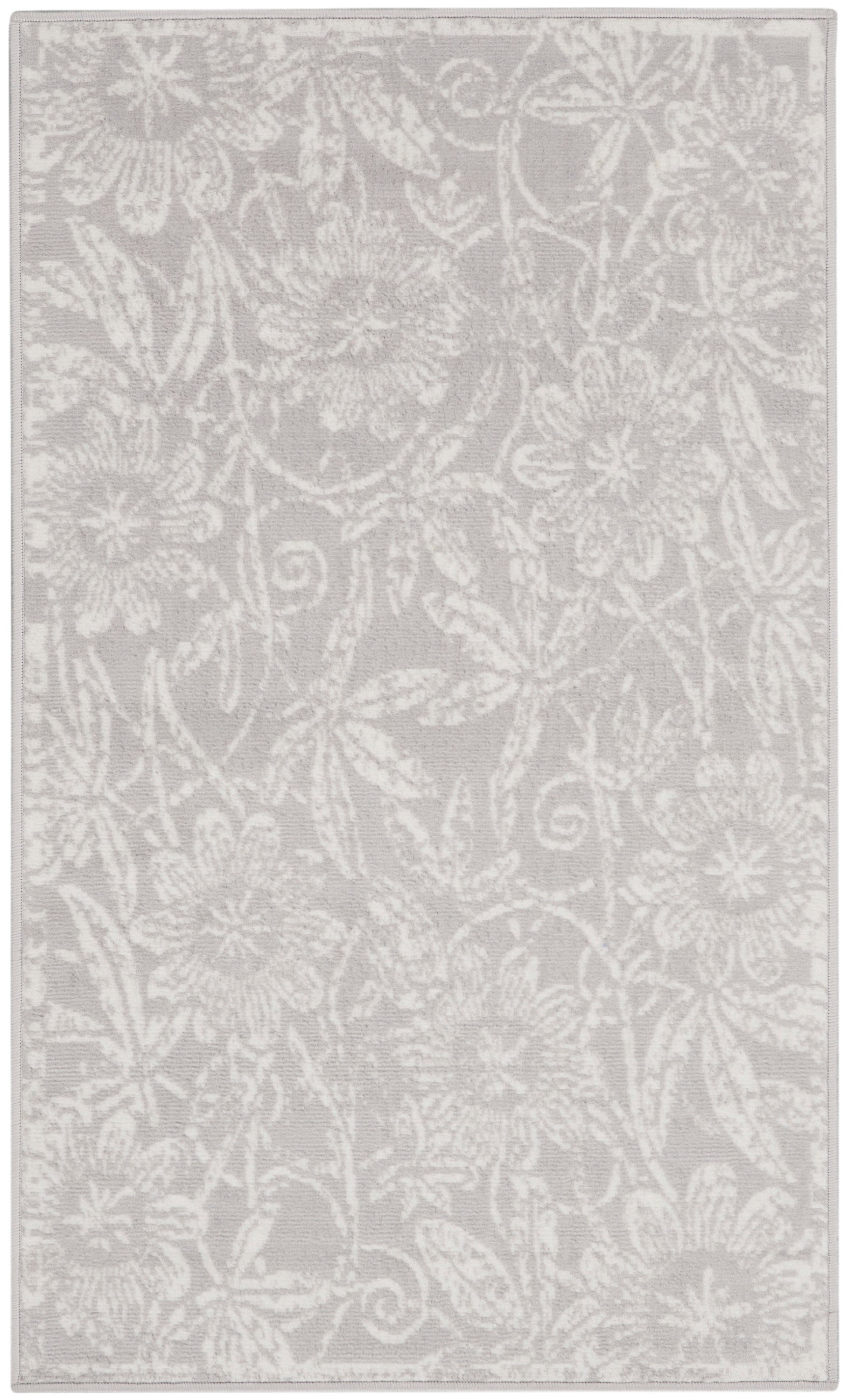 Rectangular gray area rug with white floral damask pattern for classic living room decor
