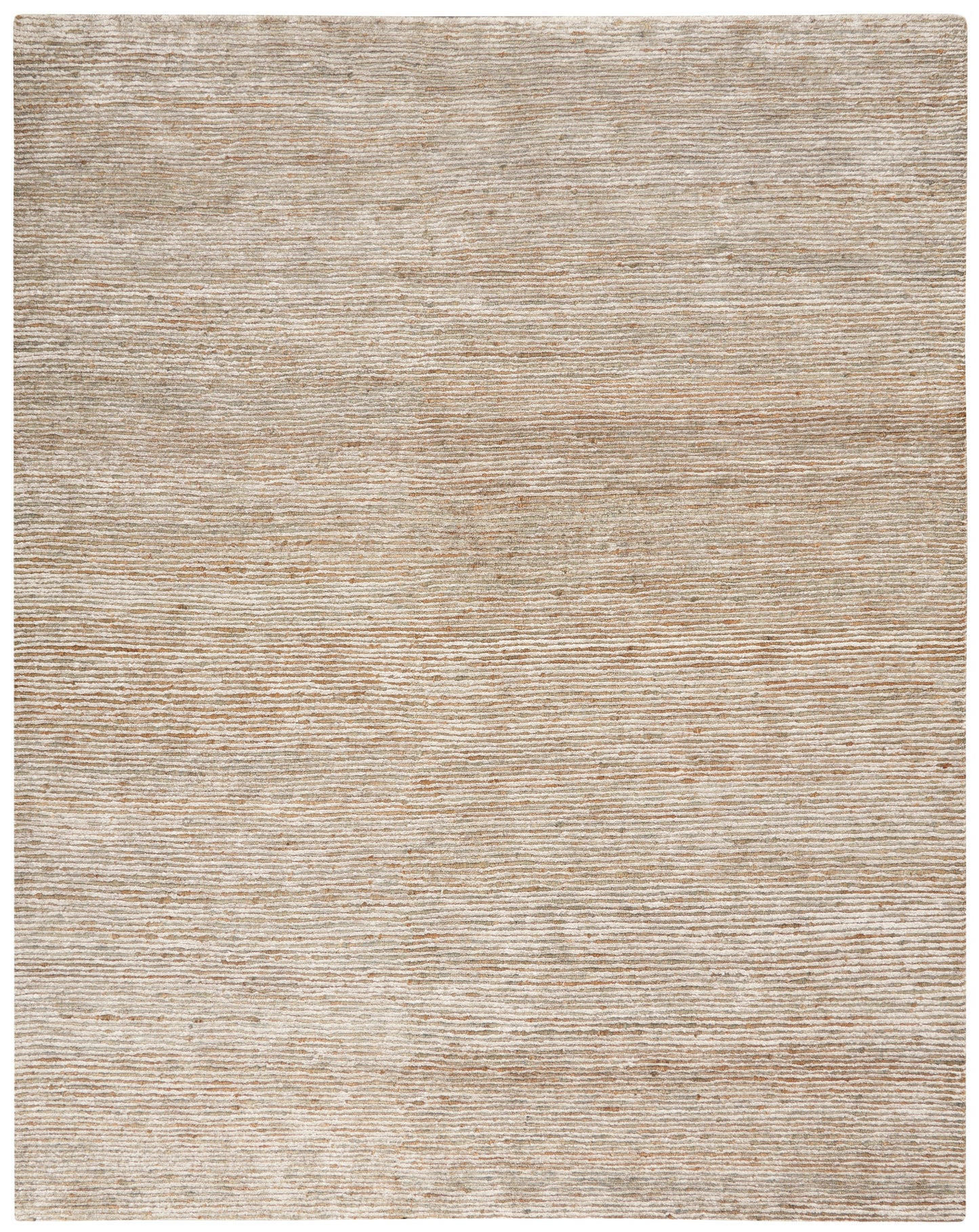 Beige rectangular rug (10' x 14') with subtle ribbed texture in natural fibers, neutral modern style.