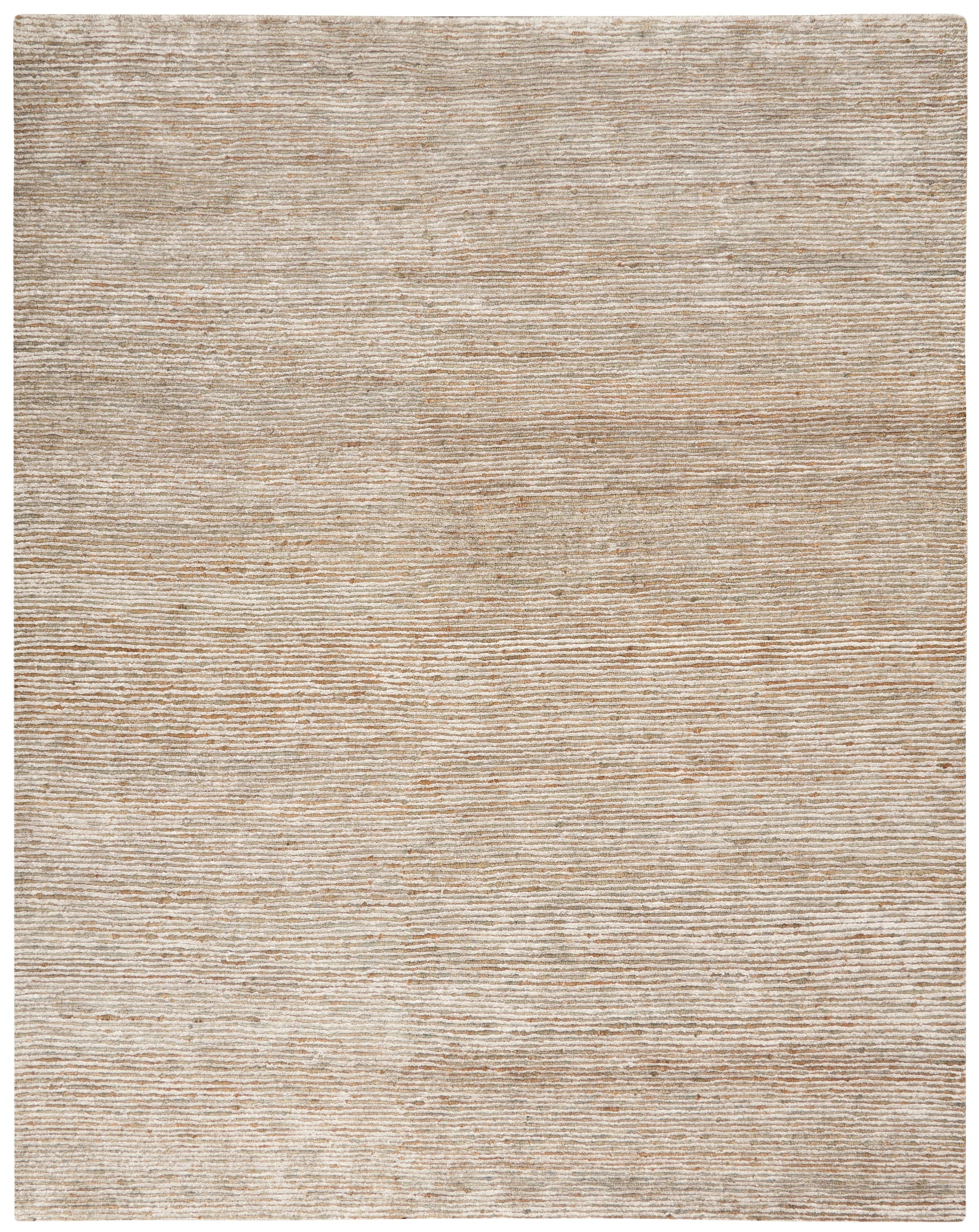 Beige rectangular rug (10' x 14') with subtle ribbed texture in natural fibers, neutral modern style.