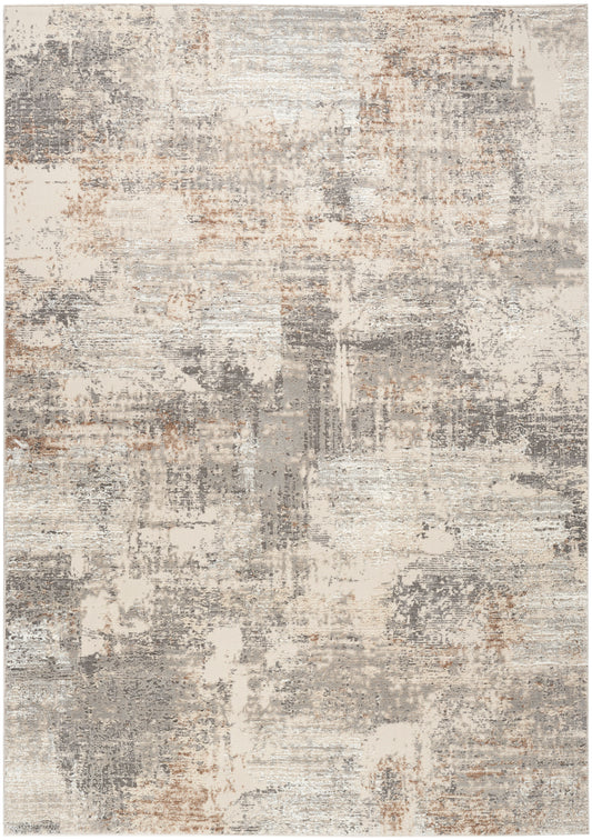 Rectangular area rug with abstract distressed pattern in beige, gray and rust tones; neutral, modern décor piece.