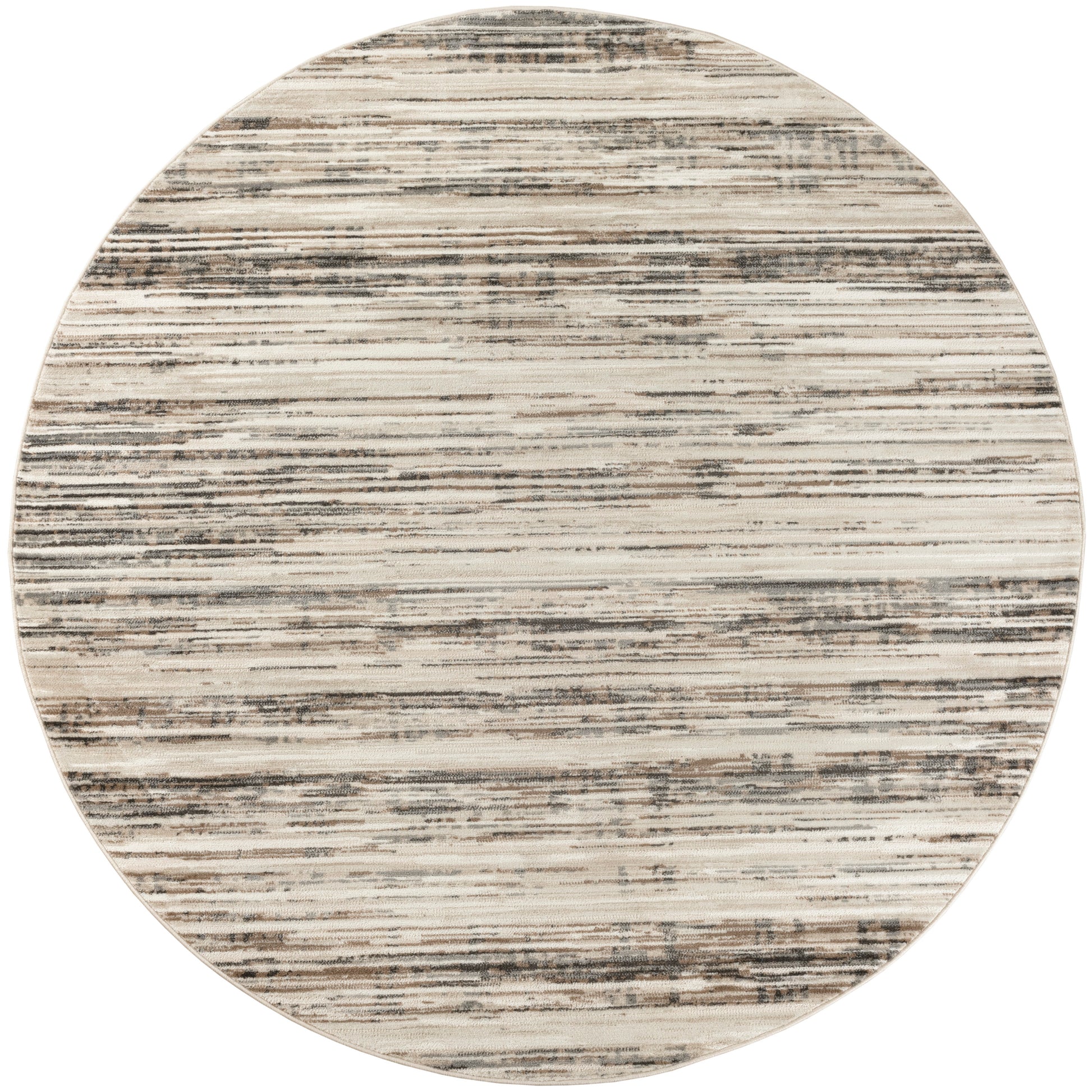 Round beige rug with distressed gray horizontal stripe pattern.