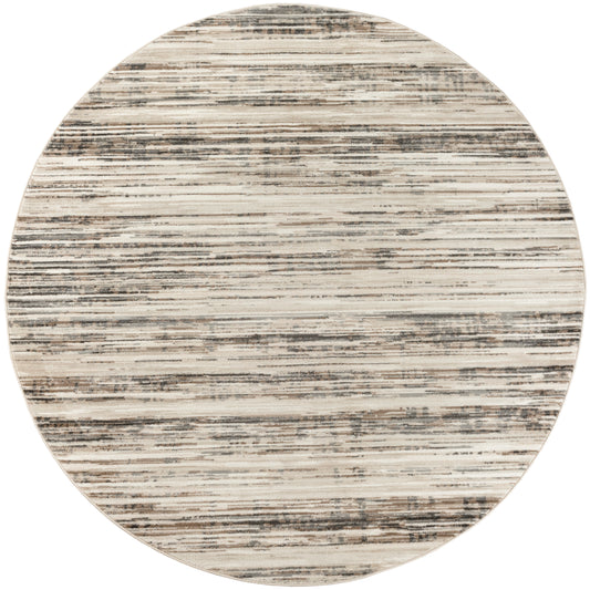 Round beige rug with distressed gray horizontal stripe pattern.